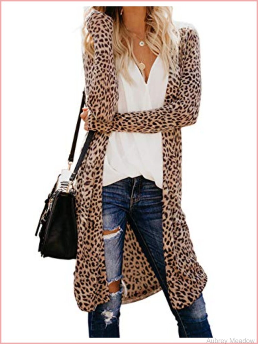 Leopard Print Open Front Cardigan Lightweight Long Sleeve Loose Fit Mid-Calf